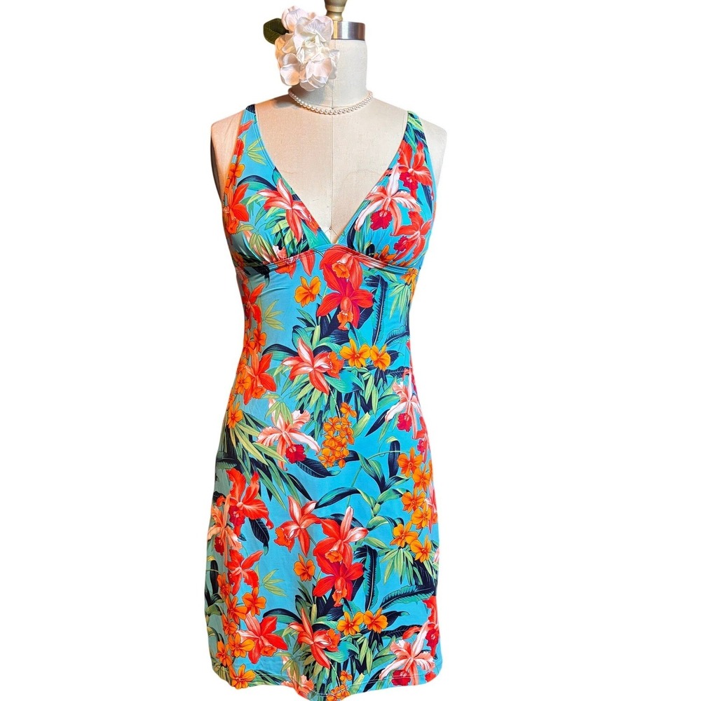 Tropical Floral V-Neck‎ Swim Dress Women Small Blue Orange Hibiscus Orchid Print